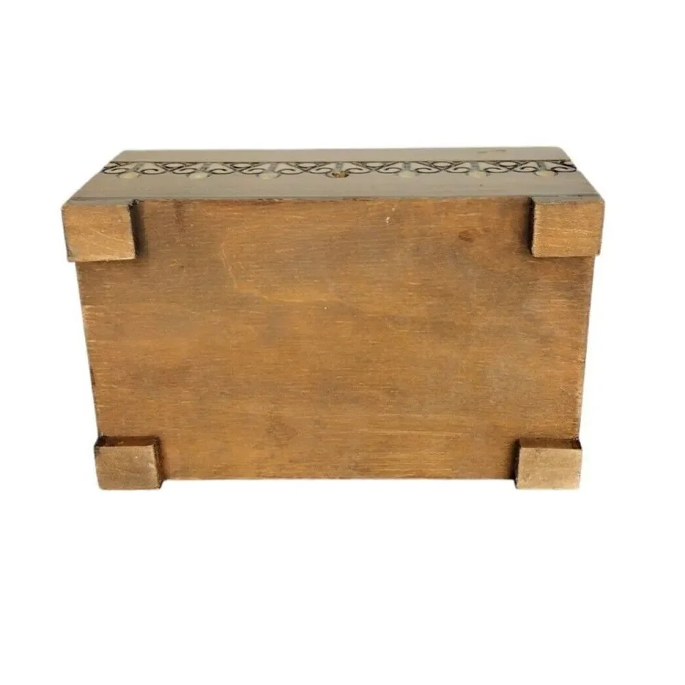 Vintage Folk Art Wood Pyrography Hinged Trinket Jewelry Lock Box Hand Crafted